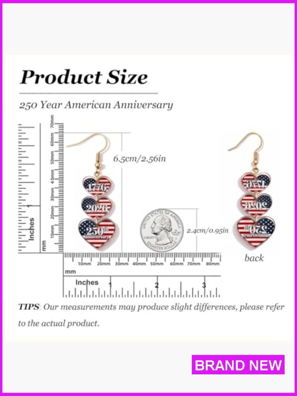 Patriotic Drop Dangle Earrings USA 250th Anniversary Independence Day Gift - Picture 6 of 7